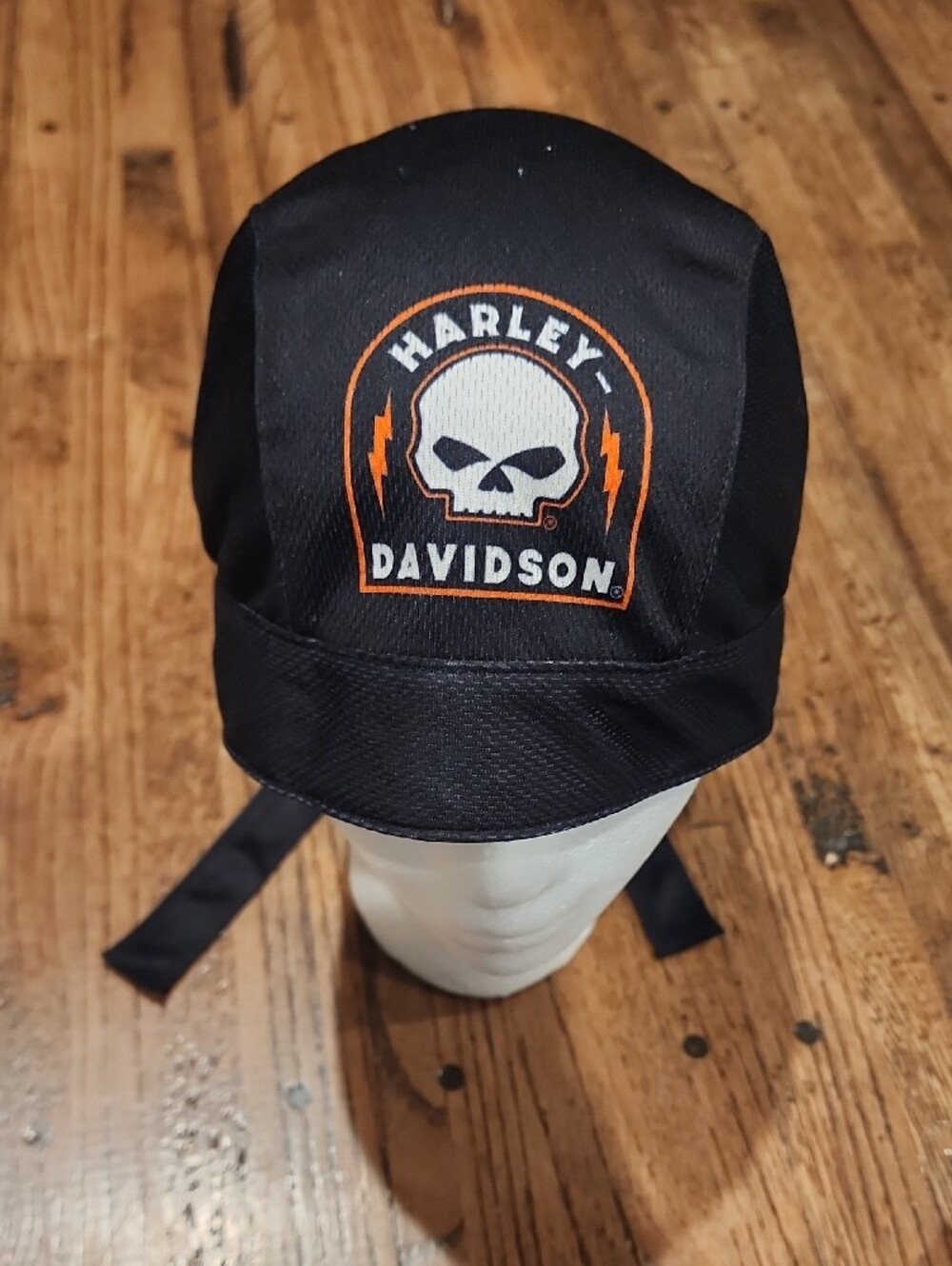 Harley-Davidson Black Bandana Cap with Orange Logo Patch - Picture 2 of 5